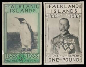 1933 Centenary of British Administration original stamp-size photographic essays as adapted for the &frac12;d 1d 1&frac12;d 2d 5/- (small peripheral abrasions) & &pound;1, four with hand-tinted coloured frames, each with non-contemporary signature "G Roberts" on the reverse;