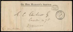 1890 stampless OHMS cover endorsed "Govt Office, Falkd Islds" at lower-left, to a German resident of Valparaiso with double-circle 'FALKLAND/AU22/1890/ISLANDS' cds, Valparaiso arrival b/s of 7IX90 & taxed with Chilean 'VALPARAISO/ 20c /MULTADA' handstamp,