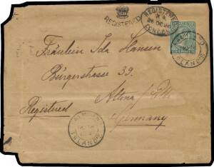1896 large parcel piece (150x112mm) to Germany with No Wmk 6d blue-green SG 3 tied by 'FALKLAND/ 1NO16/1896/ISLAND'S' cds (note "apostophe" between 'DS'), very fine '[crown]/REGISTERED' h/s, London transit d/s. The foreign letter rate was 4d. However, thi