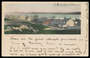 1907-10 PPCs black & white Binnie "Government House..." with ornamental border (Heyburn #D-5-d) & unknown publisher "Stanley from Hill, looking West" (#E-9-e), and coloured Biggs "View of Port Stanley" (#B-13-by & B-13-bx), to GB, Argentina x2 or Spain (!
