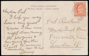 1912 commercial usage of Spanish-language PPC with KEVII 1d tied by a very fine strike of the scarce 'NEW ISLAND / C /NO18/12/FALKLAND IS' cds, minor crease & repaired tear near the stamp but of very fine appearance, Heijtz Cat &pound;1000 (2006). Most examples