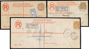 1914-23 usages of red/white formular Registration Envelopes size F (1915 to Switzerland with 1/-), size G (1923 to Switzerland with 6d) & size H2 (1914 to Austria with 6d), a few minor blemishes, Heijtz Cat from &pound;450. [A very fine size G example to India 