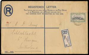 1933 usage of blue/white formular Registration Envelope size I to Switzerland with rare franking of Centenary 1/- Government House (Cat &pound;100 x5+), the registration label damaged on opening, minor blemishes. [A philatelic registered cover with the 6d Whale