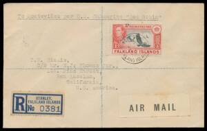 1947 philatelic cover to California with typed "To Montevideo per US Submarine Sea Robin" & Type B 'AIR MAIL' label, 1/3d Turkey Vultures with Stanley cds of JU5/47 & registration label, 'SAN ANSELMO/JUN/20/1947/CALIF' arrival b/s, some very minor tonespo