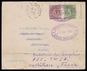 DEPENDENCIES: 1918 apparently commercial cover to France with KGV &frac12;d & 2d tied by one of two very fine strikes of the double-oval 'DECEPTION ISLAND/22FEB1918/SOUTH SHETLANDS' d/s in violet, Stanley transit b/s of AP16/18, on arrival redirected to "AEF - Y