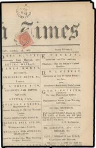 1873 (Apr 12) front two pages of the "Fiji Times Express" with 'Two/Cents' on CR 1d blue SG 13 affixed with 'GPO/MY3/1873/LEVUKA-FIJI' cds above, to England thus requiring additional postage to be affixed at the first transit port, New South Wales De La R