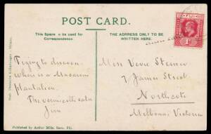 1908 Arthur Mills PPC "Native Canoe" (an outrigger with sail) to Melbourne with KEVII 1d red tied by straight-line 'RAKI RAKI' handstamp & Suva cds, minor blemishes on the view side. The message states "Trying to find where is a Macaroni Plantation" !