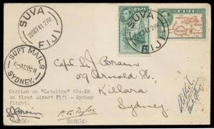 1941 (Oct 22) Fiji-Sydney flight cover with typed endorsement "Carried on Catalina A24-1/...", signed by the pilots "LJ Brain", "AA Koch" & "PG Taylor", superb 'SUPT MAILS/23OC41/SYDNEY' arrival cds on the face, minor soiling at lower-right, AAMC Cat $650