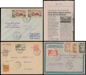 NEW CALEDONIA: Airmail group with 1931 (May 4) internal flight Kone-Noum&eacute;a per Clifford Brown & Victor Roffey, 10c 15c & 25c x2 each tied by private 'PAR AVION' h/s, Noum&eacute;a arrival b/s, 1939 (Mar 24) Noum&eacute;a-Paris with typed "Par Avion MARTINET", 90c 1fr 2