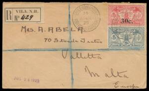 NEW HEBRIDES: 1925 commercial cover to Malta (!) with French Idols 20c & '30c.' on 10c tied by French cds, black/yellowish 'VILA. N.H.' registration label, 'REGISTERED/MALTA' arrival b/s. A terrific origin/destination combination.