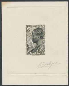 1936-42 Pictorials die proofs of 30c Mosque in dull blue on thick white paper with a deckled edge at base (130x100mm) & 35c Woman in black on off-white wove paper (78x98mm) signed by the engraver "ADelzers" (not "DDelzers" as per Gibbons), a couple of ver