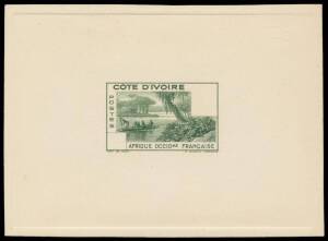 1941 Marshall Petain master die proofs with blank portrait & value tablets in the issued colours of green & blue on thin card (104x74mm); ditto, completed designs in green & blue with the 'OEVRES/COLONIALES' Surcharges in black or red on thick wove paper 