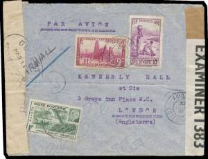 1941 Marshall Petain commercial covers comprising an internal cover with 1fr green plus 25c Mosque pair with 'ABIDJAN' cds, & airmail covers to Tunisia or GB both with 1fr & censored, & to Tunisia with 2fr, a few faults. Rare frankings: Dallay give no pri