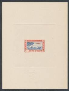 1942 Poste Aerienne 1fr to 5fr monocolour die proofs - on the printed stamps the values were in a second colour - plus 10fr & 20fr bicoloured die proofs in the issued colours, all on stout cream paper (120x160mm), each with impressed 'INSTITUT DE GRAVURE/