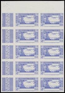 1942 Poste Aerienne imperforate plate proof block of 10 (2x5) without Colony name in ultramarine, from the upper-left corner of the sheet with elaborate "IDG" (= Institut de Gravure) monograms in the left-hand margin, ungummed. Superb! Stated to be unique