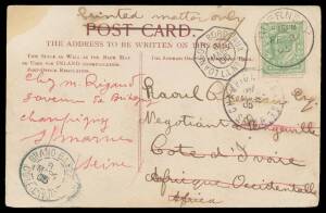 Mostly pre-WWII covers to the Ivory Coast from Guernsey (1905, with superb 'LOANGO A BORDEAUX/LL No3' maritime d/s) Cape of Good Hope (1908, with Ivory Coast 10c Postage Due), United States (1916 & philatelic 1944), Mexico (1928), India (1930, registered 
