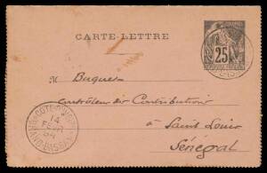 1894 'COLONIES/POSTES' 25c Letter Card to Senegal with two strikes of single-ring 'COTE-D'IVOIRE/14/FEVR/94/ GRAND-BASSAM' cds, octagonal 'LOANDO A MARSEILLE/LM No1' marine b/s partly obscuring the 'SENEGAL/22/FEVR/94/ST LOUIS' arrival b/s, minor blemishe