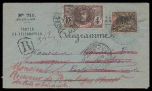 1911 usage of 1903-series black/blue 'Telegramme' envelope with Peace & Commerce 25c + G&eacute;n&eacute;ral Faidherbe 2c & 4c x2 tied by 'GRAND BASSAM' cds, 'R'-in-octagon h/s, unuually fine for these poor quality envelopes & most unusual to be registered.