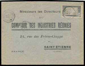 1924 commercial cover to France with 20c tied by one of two largely fine strikes of the rare octagonal 'SERVICE EN LAGUNES/22/JIOL/24/COTE D'IVOIRE' d/s, poor arrival b/s, reinforced behind along vertical fold. The scarcest & most desirable of all the mar
