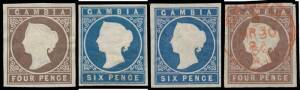 1869-72 Imperf Cameos 4d pale brown SG 2 with large-part o.g. (small closed tear at right) & used with red cds, and 6d blue SG 3a two slightly different shades unused, all with full margins, Cat &pound;1900.