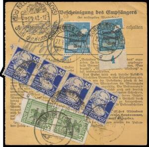 An album of c.1948-51 pieces from packet cards with a good range of Allied Occupation, Berlin & East Germany adhesives including a few better values & numerous combination frankings, many pieces with stamps/postmarks on both sides, datestamps from numerou
