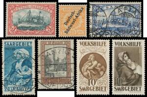 Large stockbook with Post Offices Abroad; Colonies including East Africa Yachts set *, 'Deutsch-/Sudwest-Afrika' unissued 25pf *, Samoa 2mk used & a few GRIs; Lost Territories labels x17 different; also Marienwerder, Memel/Klaipeda, Upper Silesia & Schles