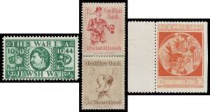 WWII PROPAGANDA FORGERIES: Selection comprising parodies of GB "Jubilee" &frac12;d green 'THIS WAR IS A/JEWSH WAR' & "Coronation" 1&frac12;d brown-purple 'SSSR BRITANNIA', no gum as always, Cat &euro;320; and 'Winterhilfswerk' 12pf+6pf/3pf+2pf vertical pair (minor blemishes