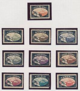 Set of mourning stamps for 10 lost Colonies, unmounted; plus that for German New Guinea on the face of 1938 Zeppelin cover to Argentina. (10 + cover)