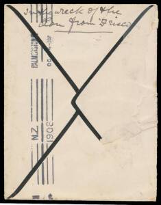 1908 (June 17) mourning cover from England to New Zealand "Via San Francusco" with Palmerston North arrival b/s of Oct 1908 & endorsed on the reverse "In the wreck of the/AEon from Frisco", flap fault & minor blemishes. #N3 in Brian Peace's Census where m
