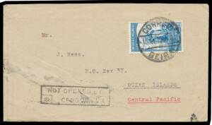 1940 cover from Mozambique (!) to "Ocean Islands/Central Pacific" with 1e75c tied by Beira cds, Indian 'NOT OPENED BY/CENSOR' h/s & Sydney transit b/s. Remarkable, if philatelic, origin/destination cover.