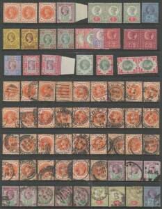 1887-92 Jubilee with a mint set (tonespots on the 1/- green) including pairs of the 2d 6d & 1/- bicolour plus &frac12;d large blocks & Control Letter singles x7, and a motley used array including &pound;1 green - rounded corner - with 'CONTINENTAL NIGHT TRAIN' cds. (2