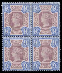 1887-92 Jubilee &frac12;d (both) to 10d between SG 197 & 210 + 213 blocks of 4, a few blemishes but generally fine to very fine, large-part o.g., Cat &pound;1480+. (12 blocks)