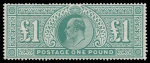 1902-10 KEVII De La Rue &pound;1 dull blue-green SG 266, very well centred, one pulled perf at the top, lightly mounted, Cat &pound;2000.