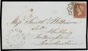 Rather scrappy group of QV period covers & pieces with some useful postmarks including Scottish types, numerals & Hull "spoon", the best item is a part-outer with 4-margin Penny Red tied by very fine '8'-in-Maltese Cross & large 'FOLKINGHAM' arrival cds o