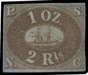 PERU: 1847-48 Pacific Steam Navigation Company '1 OZ./2 Rls' brown-red/blued paper SG 2, margins just clear - at upper-left - to good, ironed-out vertical crease, unused, Cat &pound;1900 (2008). Bruno Savarese Oliva Certificate (1991) in Italian (of course).