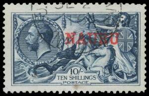 1916-23 Overprints on Great Britain Seahorses Waterlow Printings 10/- indigo-blue SG 18, exceptional centring, insignificant little stain at the base, 'PO PLEASANT ISLAND/SE2/16/(NAURU)' cds being the First Day of Issue, Cat &pound;5000. A very attractive examp