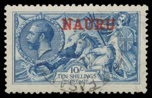 1916-23 Overprints on Great Britain Seahorses De La Rue Printings 10/- deep bright blue SG 23b, well centred, a couple of minor short perfs, 'PO PLEASANT ISLAND' cds, Cat &pound;600. RPSofL Certificate (1991).