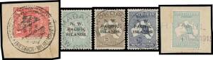 Handy postmarks range with Australian Roos group including with cut-down 'RABAUL/[date]' on 1d perf 'OS' & 1/- on piece, duplicated group on NWPI values to 2/- x2 including superb cut-down Friedrich-Wilhelmshafen court seal on 1d, 'KOKOPO/---' with 'QUEEN