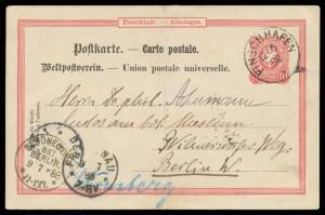 1888 commercial usage of German 10pf Postal Card to Berlin with very fine 'FINSCHHAFEN/12 5/88' cds, three different German datestamps overlapped at lower-left, reinforced central fold, the message signed "F Hellwig". Very early commercial mail from Germa