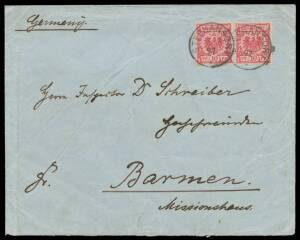 1895 missionary's cover to Germany with German 10pf pair tied by 'STEPHANSORT/ * ' cds, 'BARMEN' arrival b/s, minor imperfections. [The Rhenish Missionary Society, founded at Barmen in 1828, established a mission station at Bogadijm near Stephansort in 18