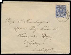 1895 commercial cover to New South Wales with German 20pf tied by fine 'HERBERTSHOHE' cds, apparently missent via the Dutch Indies with 'WELTEVREDEN', 'BATAVIA' & 'NI AGENT SINGAPORE' transit b/s plus 'COLOMBO' transit & Sydney arrival b/s, slightly trun
