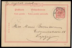 1895 commercial usage of German 10pf Postal Card (#693a) to Germany "By English mail" with very fine 'MATUPI' cds & light Leipzig arrival cds.