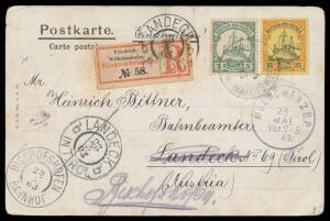 1903 artist's PPC ("Bismarckarchipel") to Austria with Yachts 5pf & 25pf tied by light Friedrich-Wilhemlshafen cds & imperf registration label alongside tied by 'LANDECK/IN TIROL' arrival cds, redirected with 'BISCHOFSHOFEN/ BAHNHOF' arrival cds, rounded 