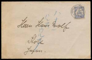 1914 commercial cover to Japan with 20pf tied by 'HERBERTSHOHE' cds, 'HONG-KONG/ 6 ' transit & 'KOBE/JAPAN' arrival b/s, a little aged.