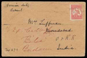 1914 (Nov) cover endorsed "Garrison duty/Rabaul" at upper-left & "No 679" at lower-left, to India with 1d perf 'OS' tied by an indistinct strike of the 2-line Rabaul "John Bull" datestamp, Sydney transit b/s of NO23-1914, Indian 'TUTICORIN' transit & 'MOR