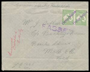 1914 (Nov ?) cover endorsed "Garrison Duty Herbrtshohe" at the top & "LE 281" at lower-left, to Victoria with &frac12;d perf 'OS' pair just tied by two superb strikes of the straight-line 'Herbertsh&ouml;he' h/s in violet, endorsed "Censored/CWebber Lt/C No 4 Coy" in