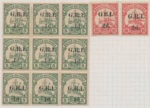 Simplified reconstruction of the overprint forme comprising Overprints on Marshalls '2d.' on 20pf SG 53 block of 9 & two singles [1-5], 5mm Spacing on DNG '1d.' on 5pf SG 17 block of 9 (some separation) & Marshalls '2d.' on 10pf SG 52 x2 [6-10], Cat &pound;600+