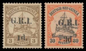1914-15 6mm Spacing on German New Guinea '1d.' on 3pf (thinned but of fine appearance) to '3d.' on 25pf (tiny blemish) SG 1-7, the '2d.' on 10pf with corner fault, well centred, Cat &pound;1500. BPA Certificate (1955) for the '2&frac12;d.' on 20pf. (7)