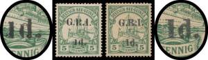 1914-15 6mm Spacing on German New Guinea '1d.' on 5pf green with Short '1' and with 'I' for '1' SG 2b & 2c, the first with light bend, the other a bit aged, Cat &pound;825.