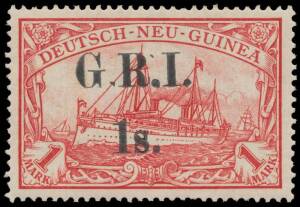 1914-15 High Values with 3&frac12;-4mm Spacing on German New Guinea '1s.' on 1mk red SG 12, exceptional centring for these issues, minor overprinting ink (?) marks on the reverse, two pencilled guarantee initials, Cat &pound;3250. BPA Certificate (1960). This stamp is